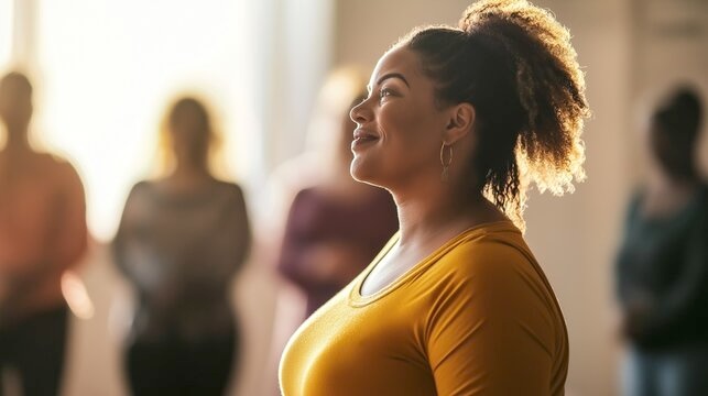 A smiling woman shown in profile.